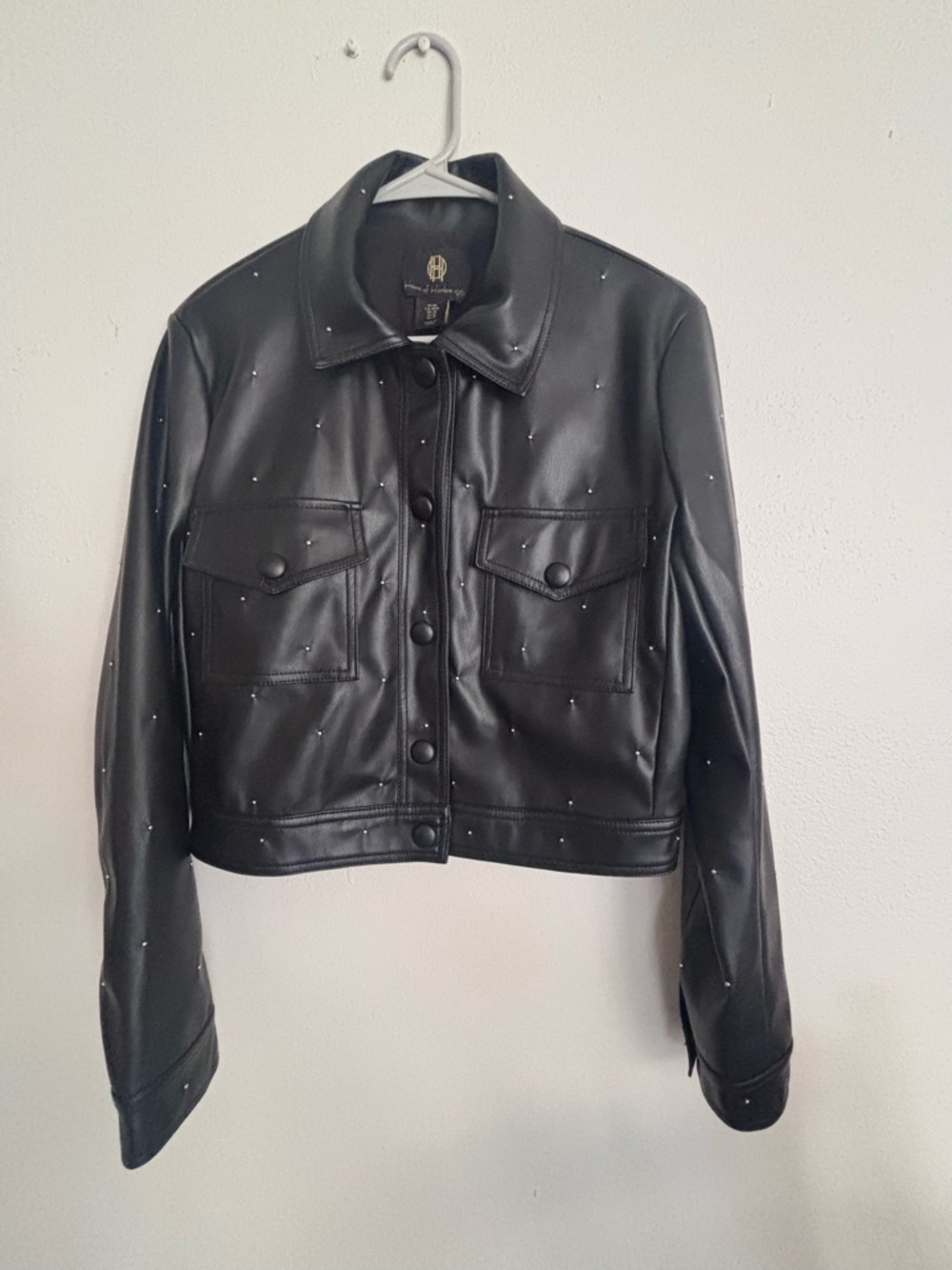 House of Harlow 1960 Polyurethane Faux Leather Studded Accented Black Jacket